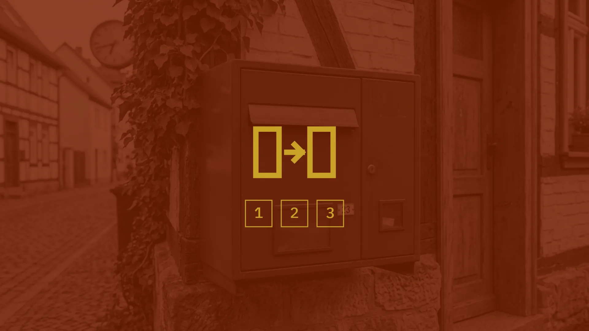 Briefkasten an einer Fachwerkwand, davor ein Symbol für den Umzug von einem Postfach ins andere mit den Ziffern 1, 2, 3 – E-Mail von Microsoft 365 zu Mailcow migrieren